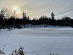 Zasněžený a&nbsp;částečně zamrzlý ludgeřovický rybník – 17.&nbsp;ledna 2021.