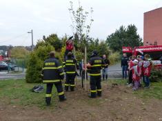 Starosta obce a&nbsp;ludgeřovičtí dobrovolní hasiči v&nbsp;čele s&nbsp;jejich starostou spolu zasadili před&nbsp;základní školou strom